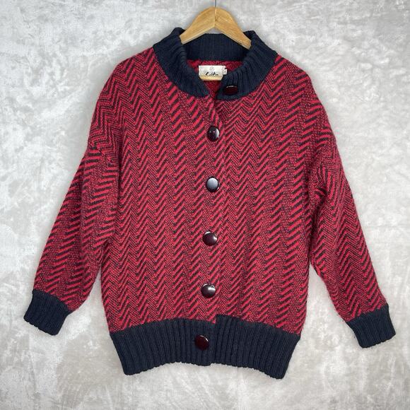 Vtg 80's Saito Small Chevron Large Button Wool Sweater Boom Boom Shoulder Pads - Picture 1 of 16